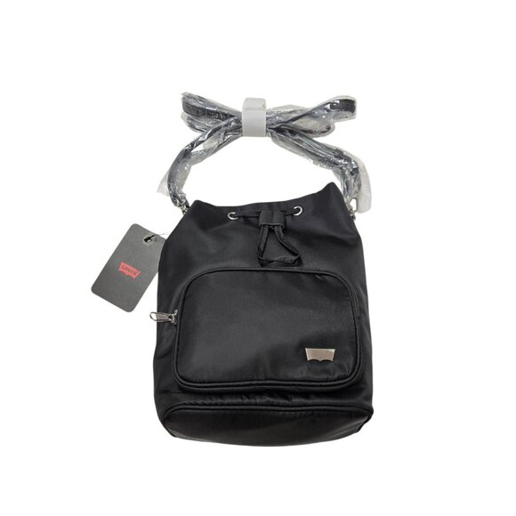Levi’s Nylon Drawstring Bucket Bag Black Crossbody Purse Removable Strap - Picture 3 of 6